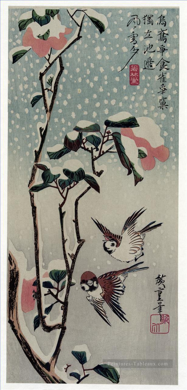 moineaux et camélias dans la neige 1838 les oiseaux d’Utagawa Hiroshige Peintures à l'huile